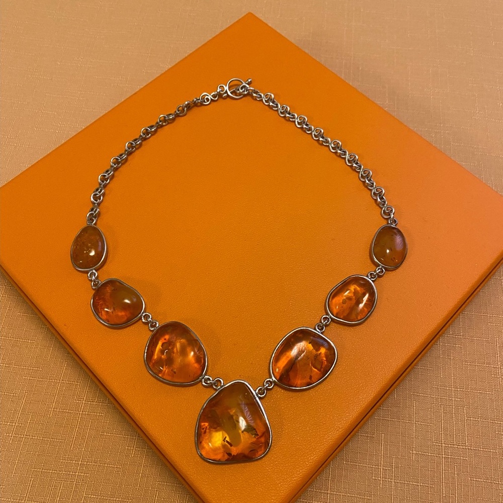 Silver Necklace With Amber